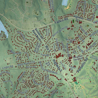 Close-up of the map of Pinehurst, North Carolina print showing street and building detail