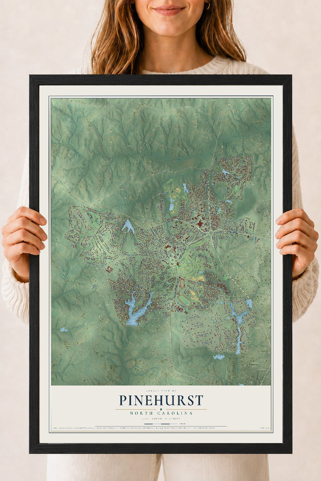 Map of Pinehurst, North Carolina, 18 x 24 inch print in a black wood frame