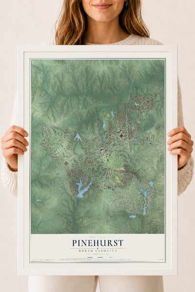 Map of Pinehurst, North Carolina, 18 x 24 inch print in a white wood frame