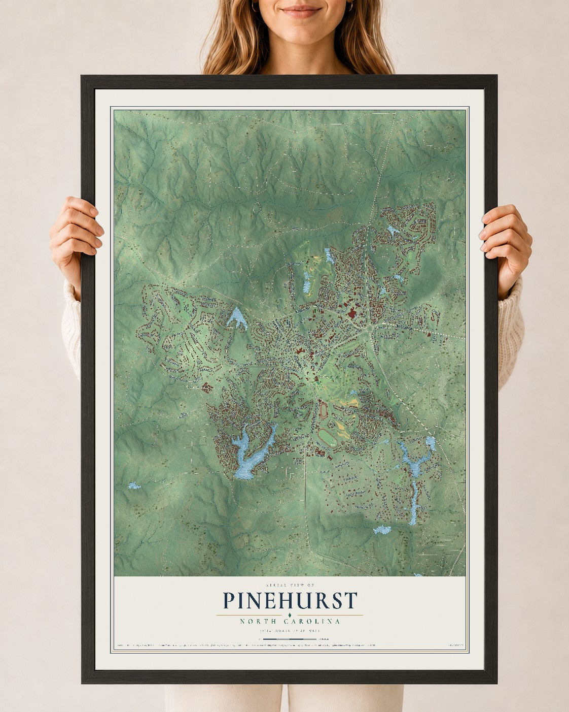 Map of Pinehurst, North Carolina, 24 x 36 inch print in a black wood frame