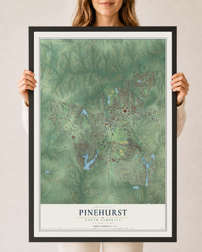Map of Pinehurst, North Carolina, 24 x 36 inch print in a black wood frame