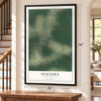 Pinetown, North Carolina map, 24 x 36 inch print in a black frame by a staircase