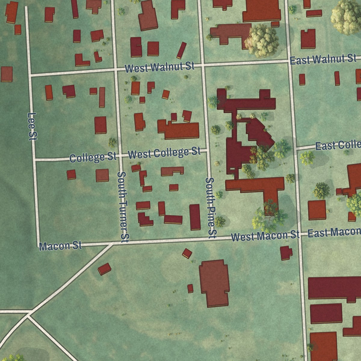 Close-up of the map of Pink Hill, North Carolina print showing street and building detail