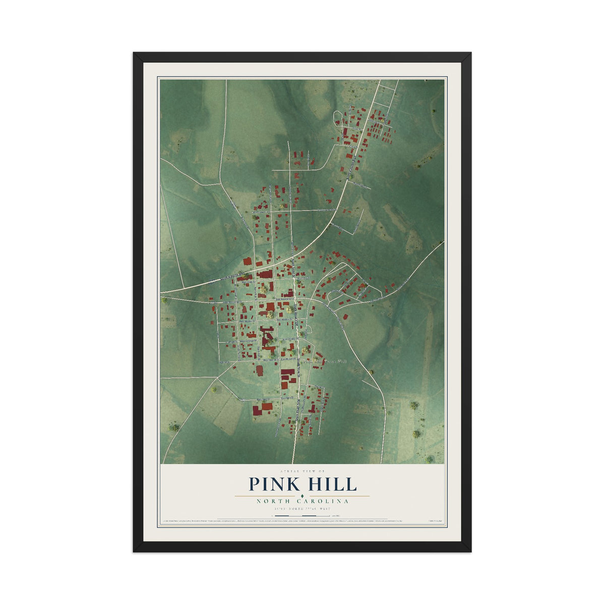 Map of Pink Hill, North Carolina, 12 x 18 inch print in a black wood frame