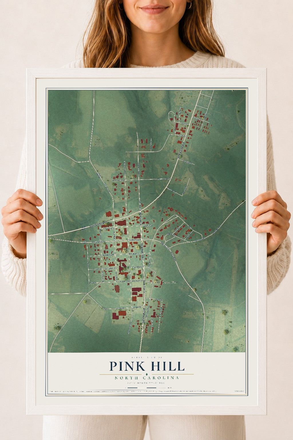 Map of Pink Hill, North Carolina, 18 x 24 inch print in a white wood frame