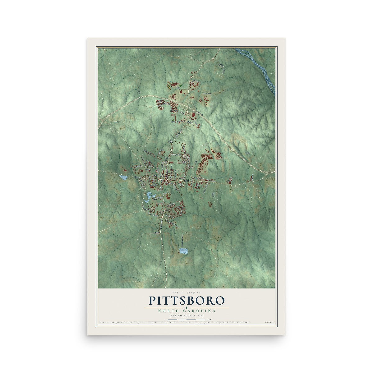 Map of Pittsboro, North Carolina, 12 x 18 inch unframed archival matte print