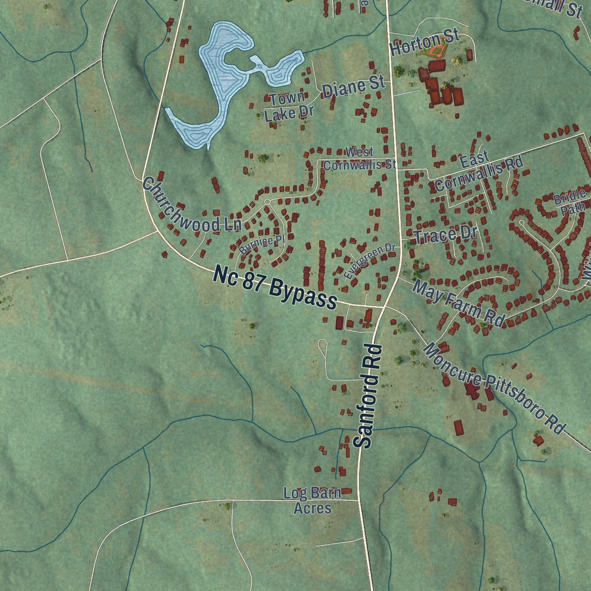 Second close-up of the map of Pittsboro, North Carolina print showing more streets and buildings