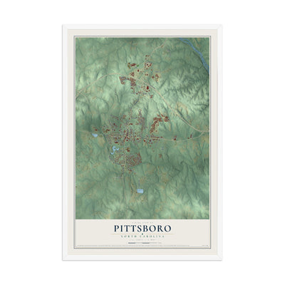 Map of Pittsboro, North Carolina, 12 x 18 inch print in a white wood frame