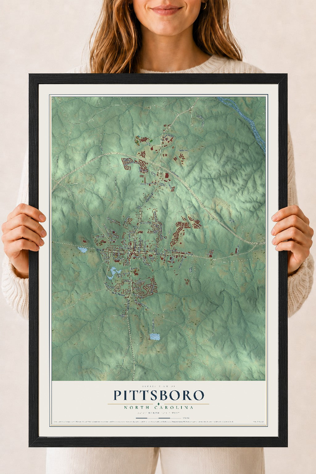 Map of Pittsboro, North Carolina, 18 x 24 inch print in a black wood frame