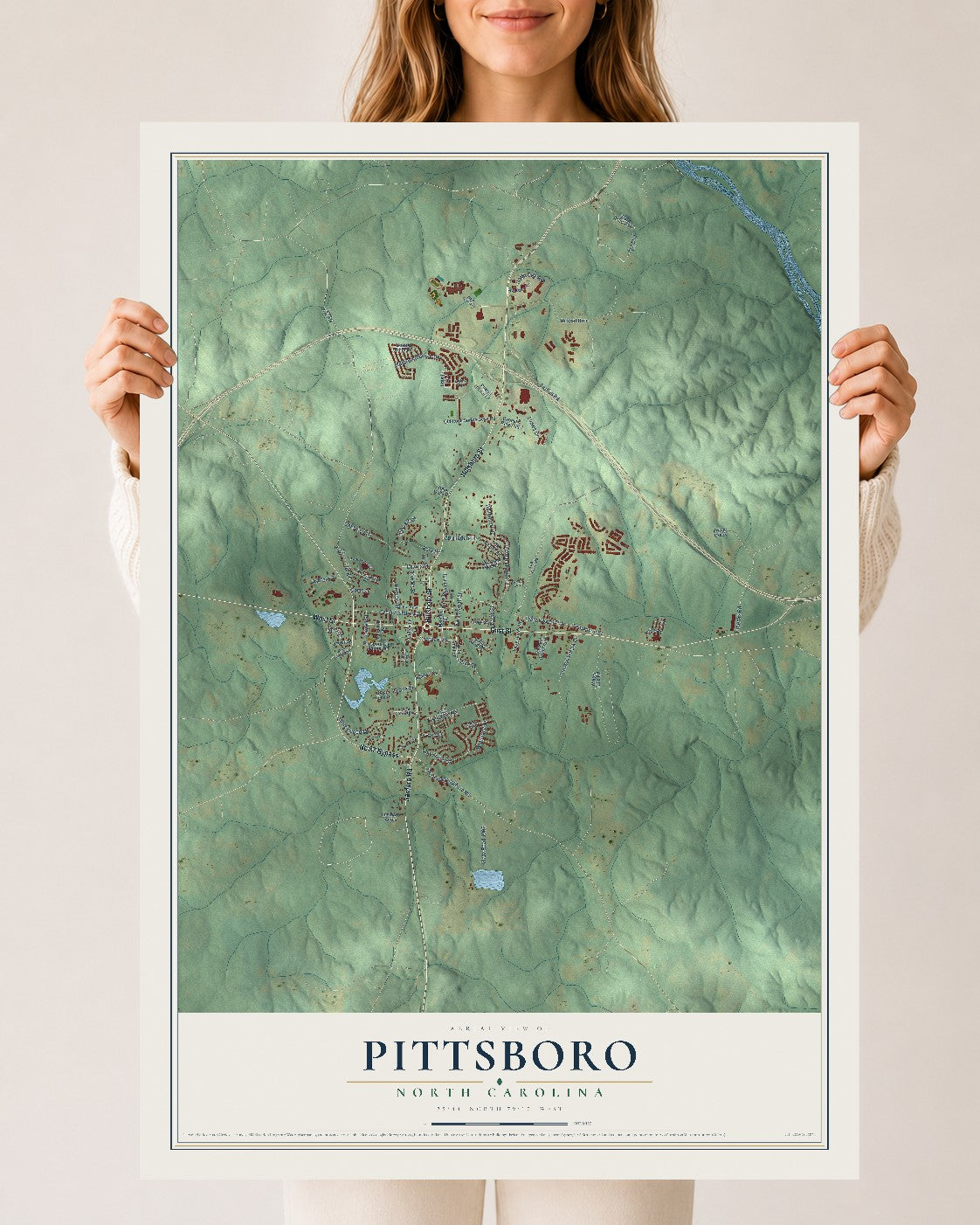 Map of Pittsboro, North Carolina, 24 x 36 inch unframed archival matte print