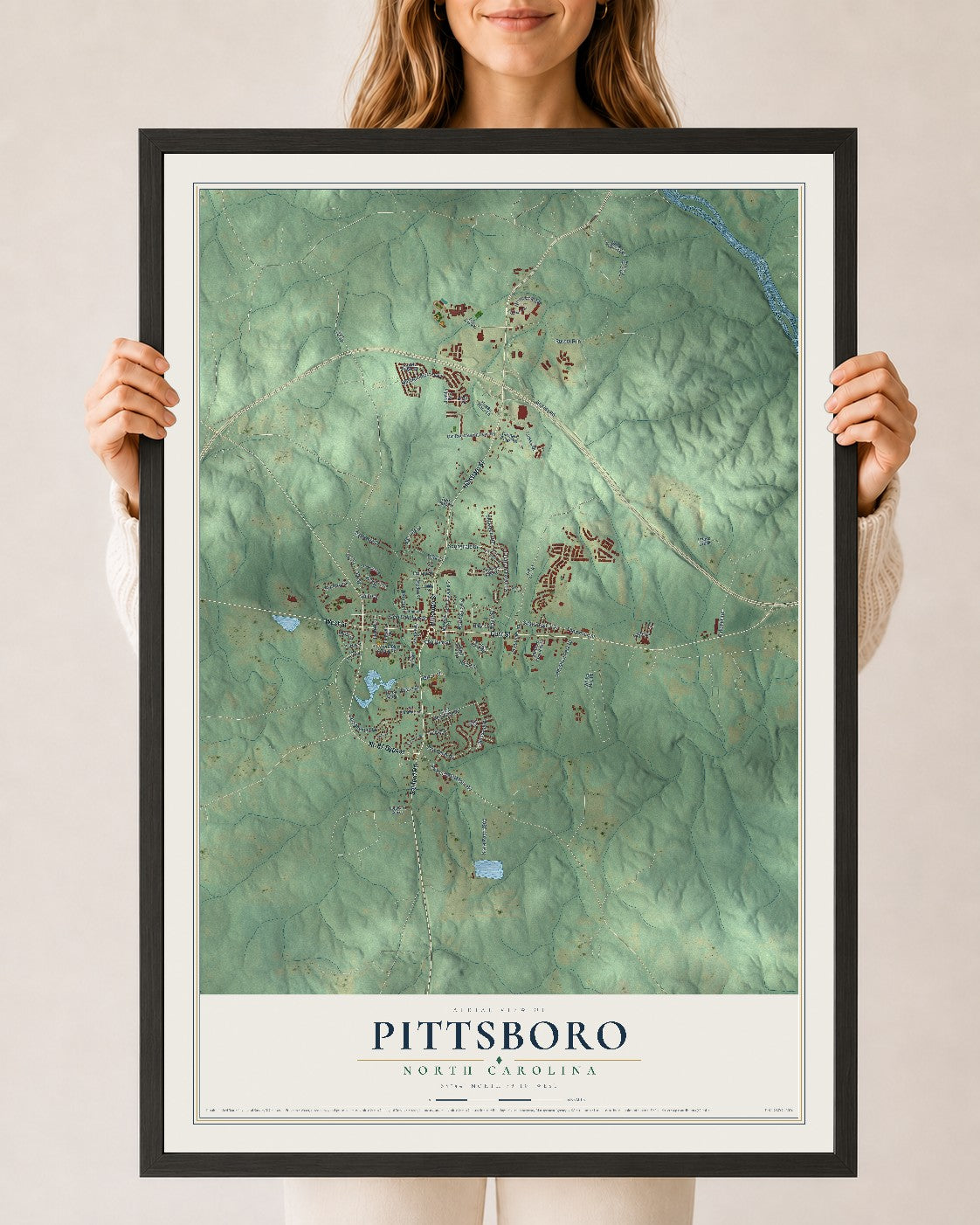 Map of Pittsboro, North Carolina, 24 x 36 inch print in a black wood frame