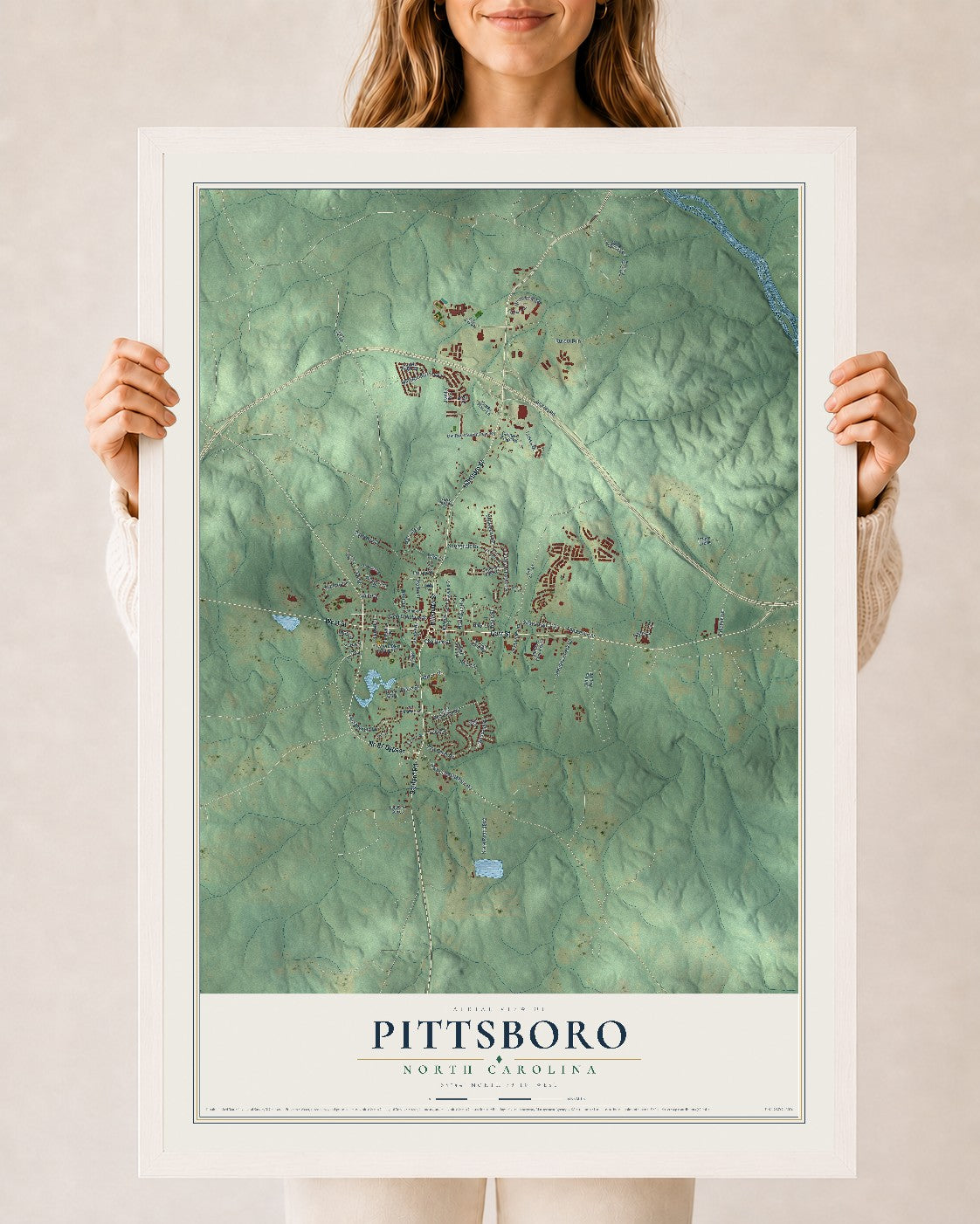 Map of Pittsboro, North Carolina, 24 x 36 inch print in a white wood frame