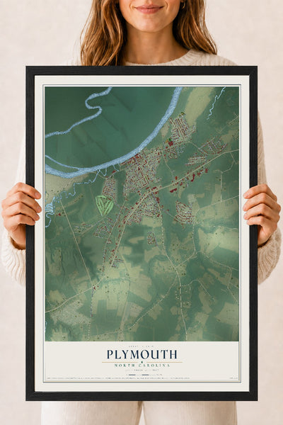 Map of Plymouth, North Carolina, 18 x 24 inch print in a black wood frame