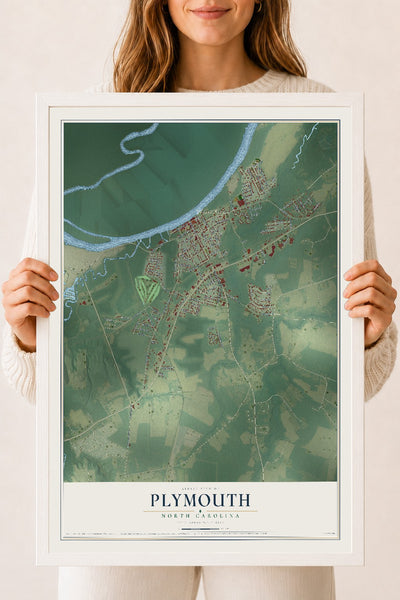 Map of Plymouth, North Carolina, 18 x 24 inch print in a white wood frame
