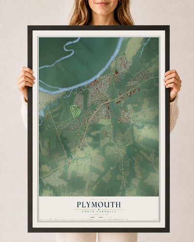 Map of Plymouth, North Carolina, 24 x 36 inch print in a black wood frame