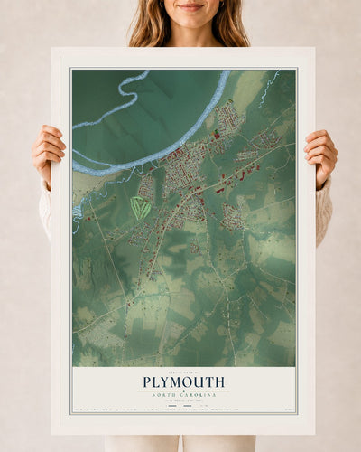 Map of Plymouth, North Carolina, 24 x 36 inch print in a white wood frame