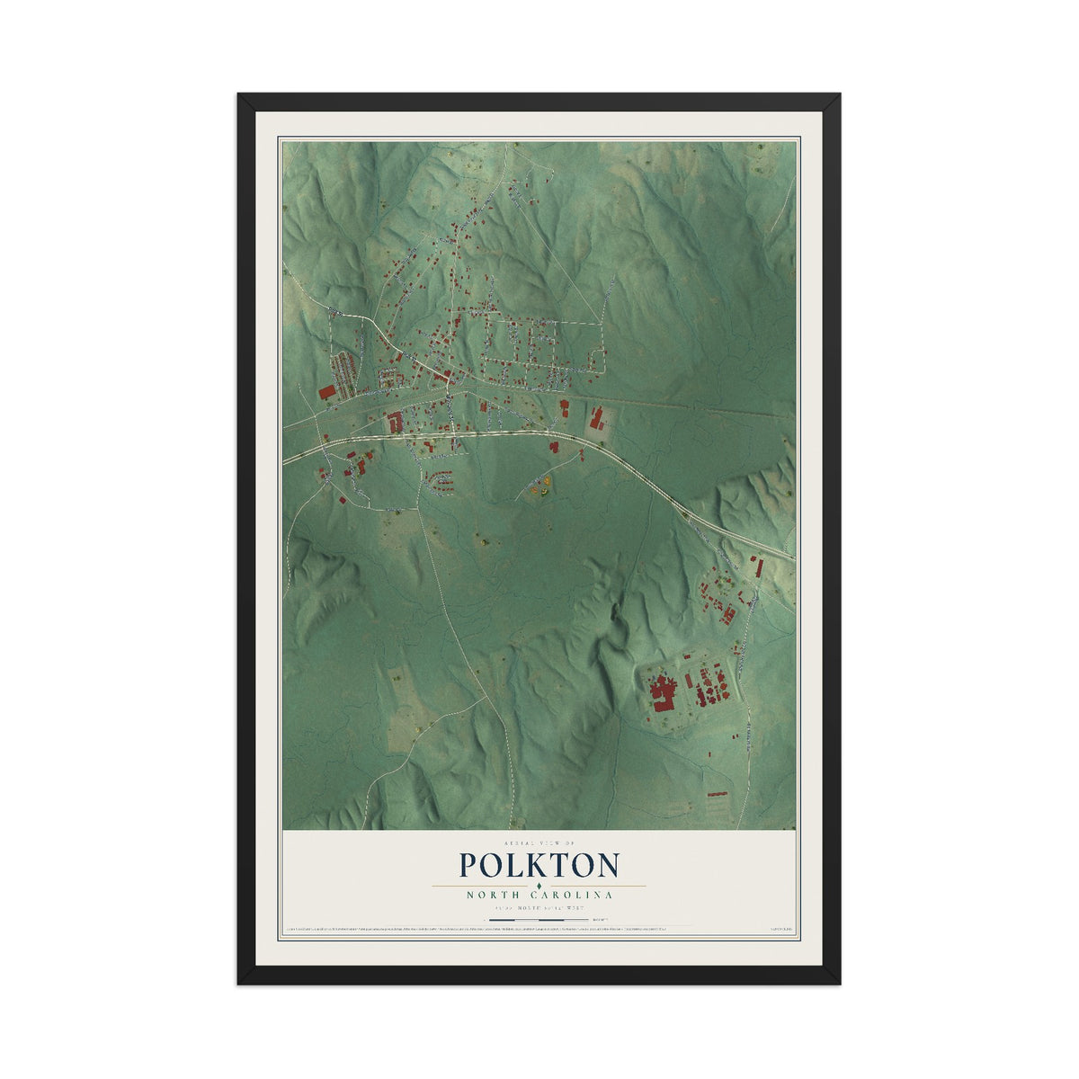 Map of Polkton, North Carolina, 12 x 18 inch print in a black wood frame