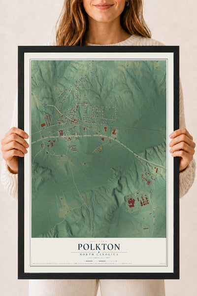Map of Polkton, North Carolina, 18 x 24 inch print in a black wood frame