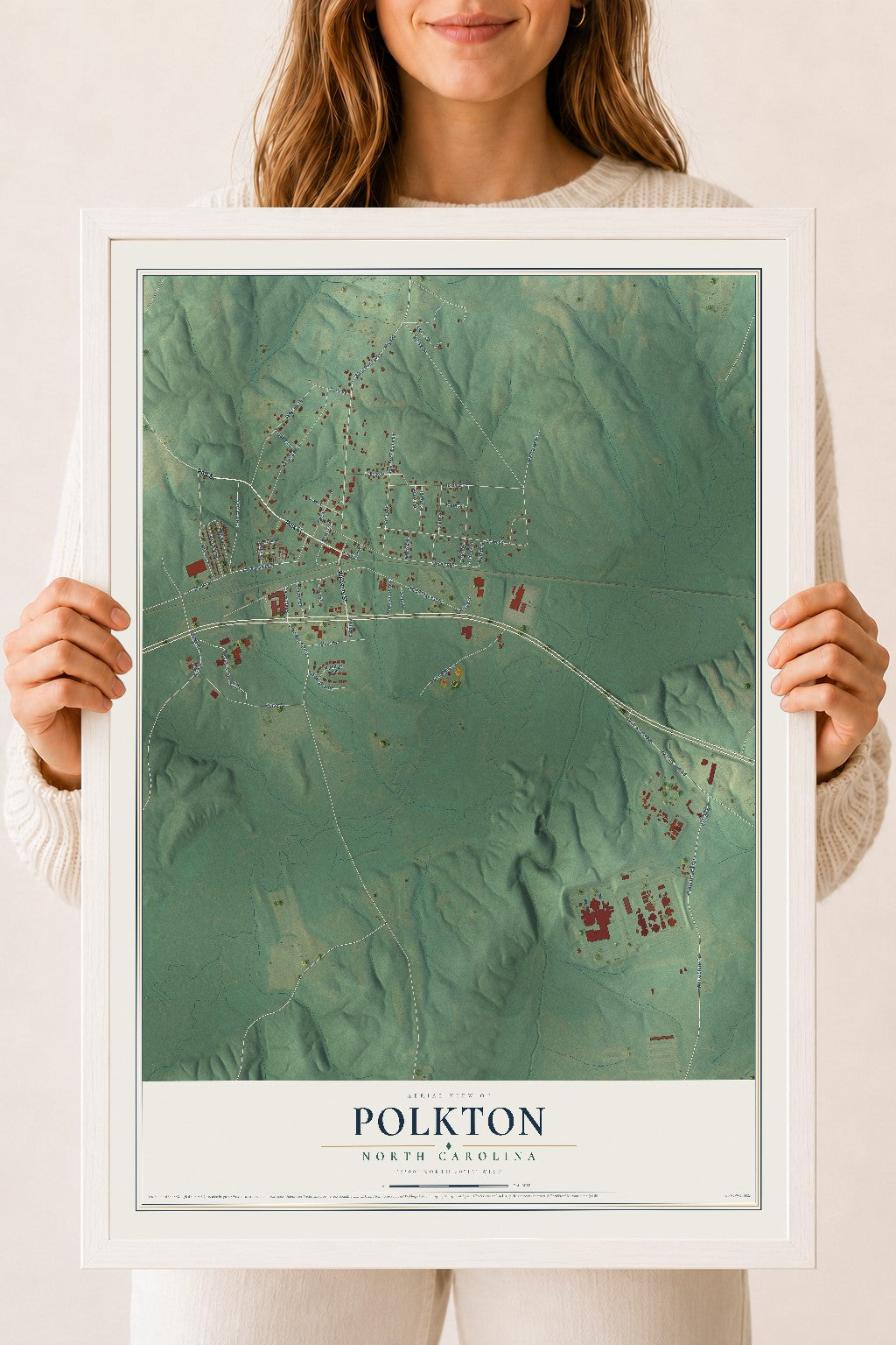 Map of Polkton, North Carolina, 18 x 24 inch print in a white wood frame