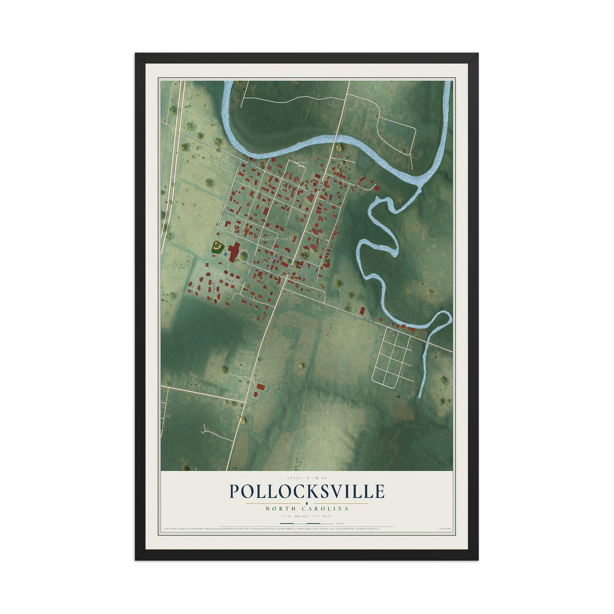 Map of Pollocksville, North Carolina, 12 x 18 inch print in a black wood frame