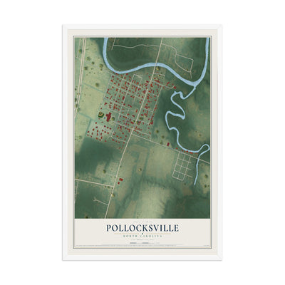 Map of Pollocksville, North Carolina, 12 x 18 inch print in a white wood frame