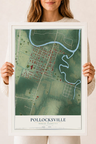 Map of Pollocksville, North Carolina, 18 x 24 inch print in a white wood frame