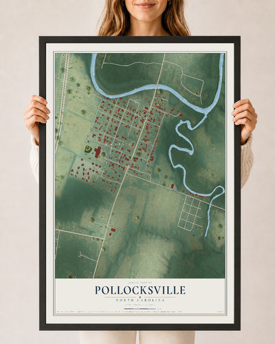 Map of Pollocksville, North Carolina, 24 x 36 inch print in a black wood frame