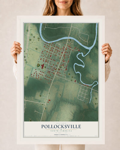 Map of Pollocksville, North Carolina, 24 x 36 inch print in a white wood frame