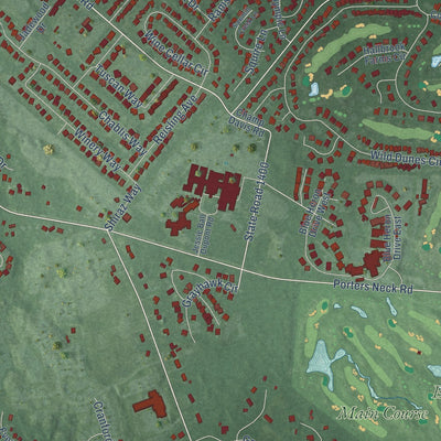 Second close-up of the map of Porters Neck, North Carolina print showing more streets and buildings