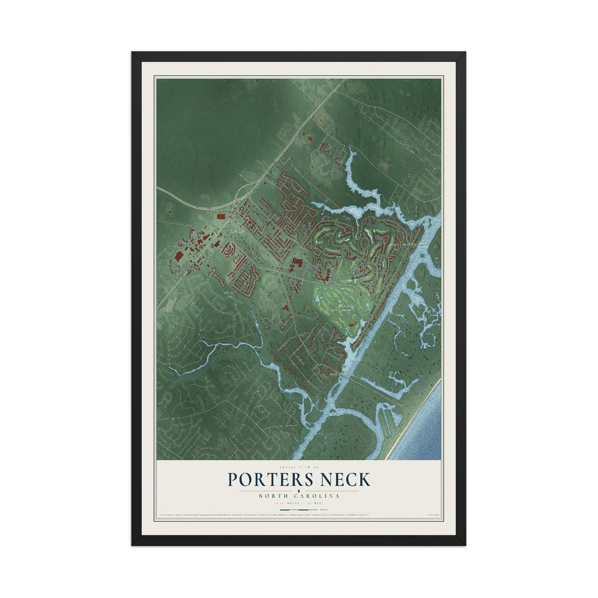 Map of Porters Neck, North Carolina, 12 x 18 inch print in a black wood frame