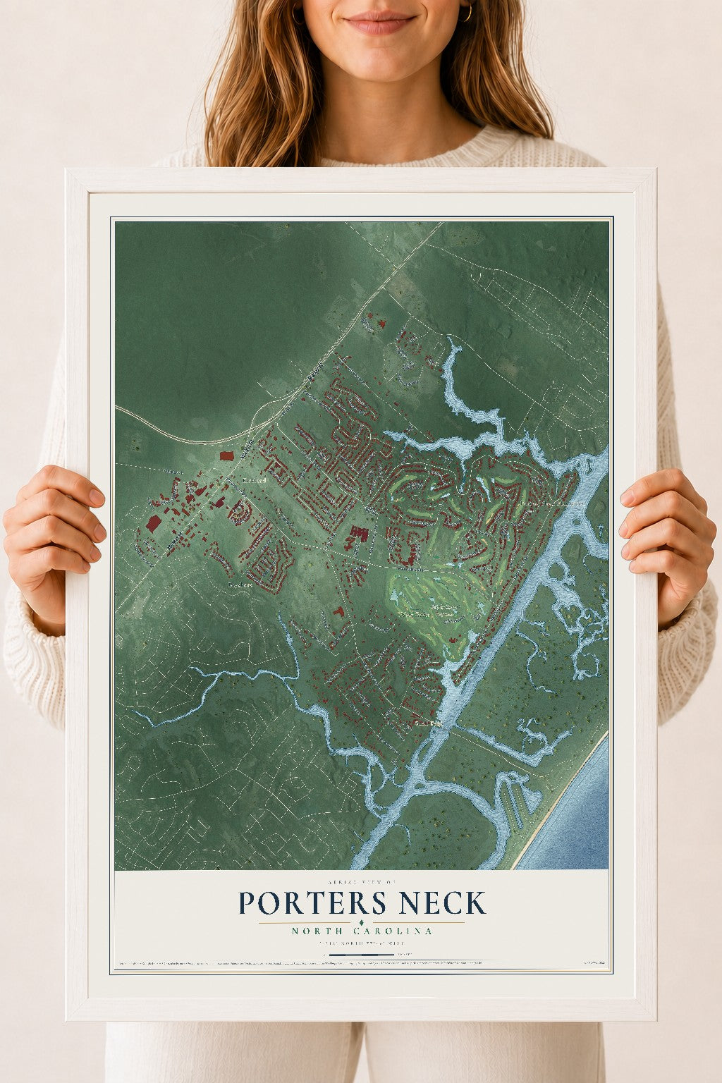 Map of Porters Neck, North Carolina, 18 x 24 inch print in a white wood frame