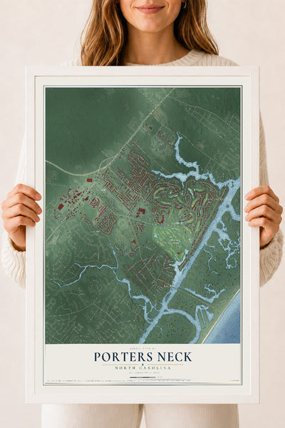 Map of Porters Neck, North Carolina, 18 x 24 inch print in a white wood frame