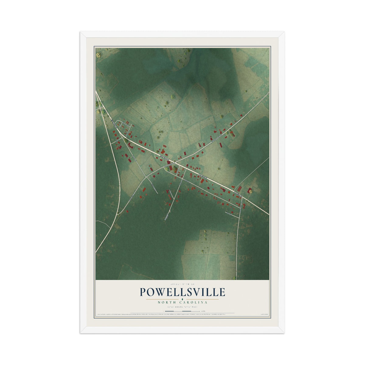Map of Powellsville, North Carolina, 12 x 18 inch print in a white wood frame