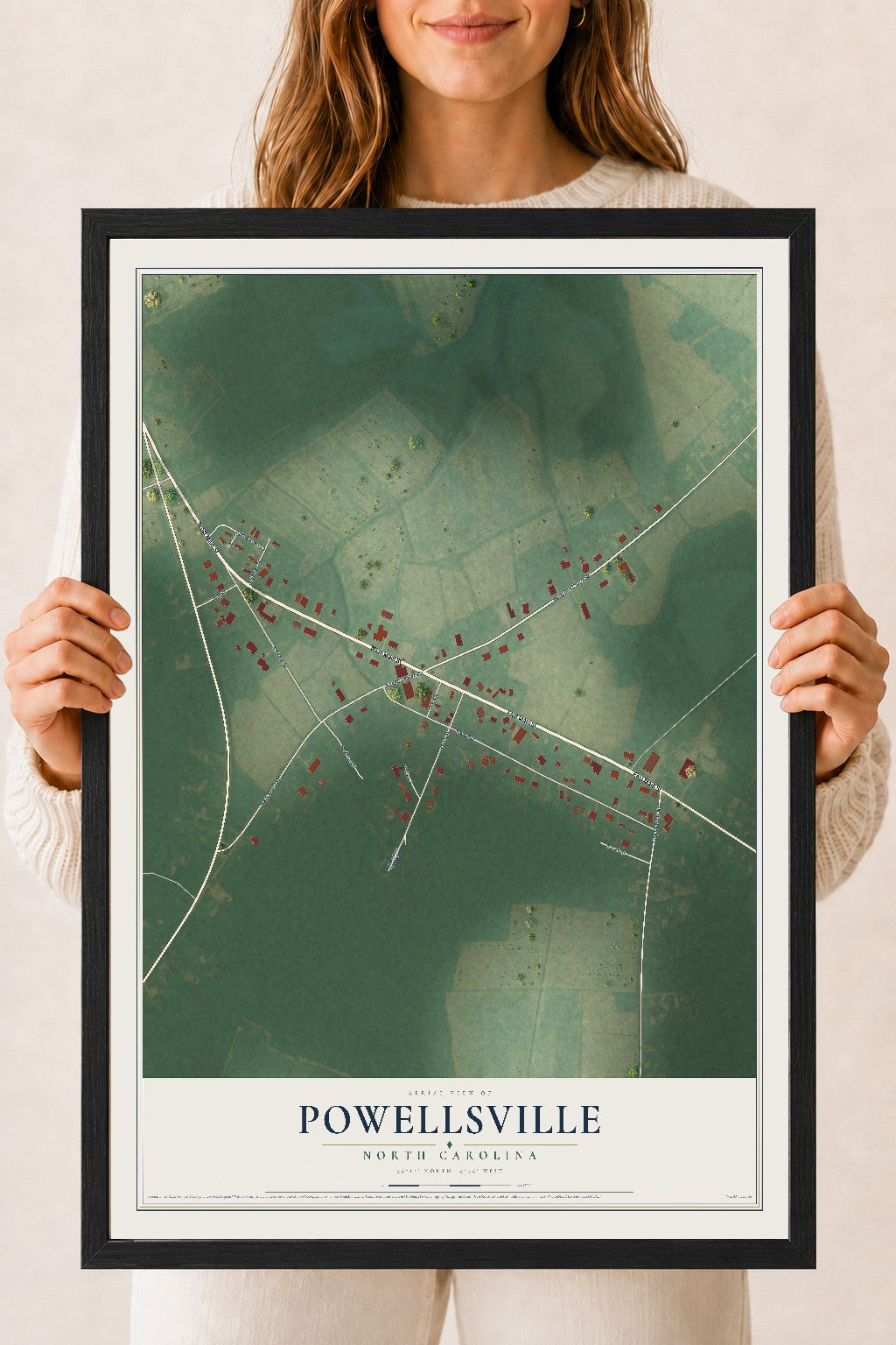 Map of Powellsville, North Carolina, 18 x 24 inch print in a black wood frame