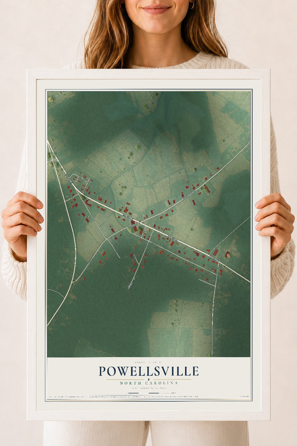 Map of Powellsville, North Carolina, 18 x 24 inch print in a white wood frame