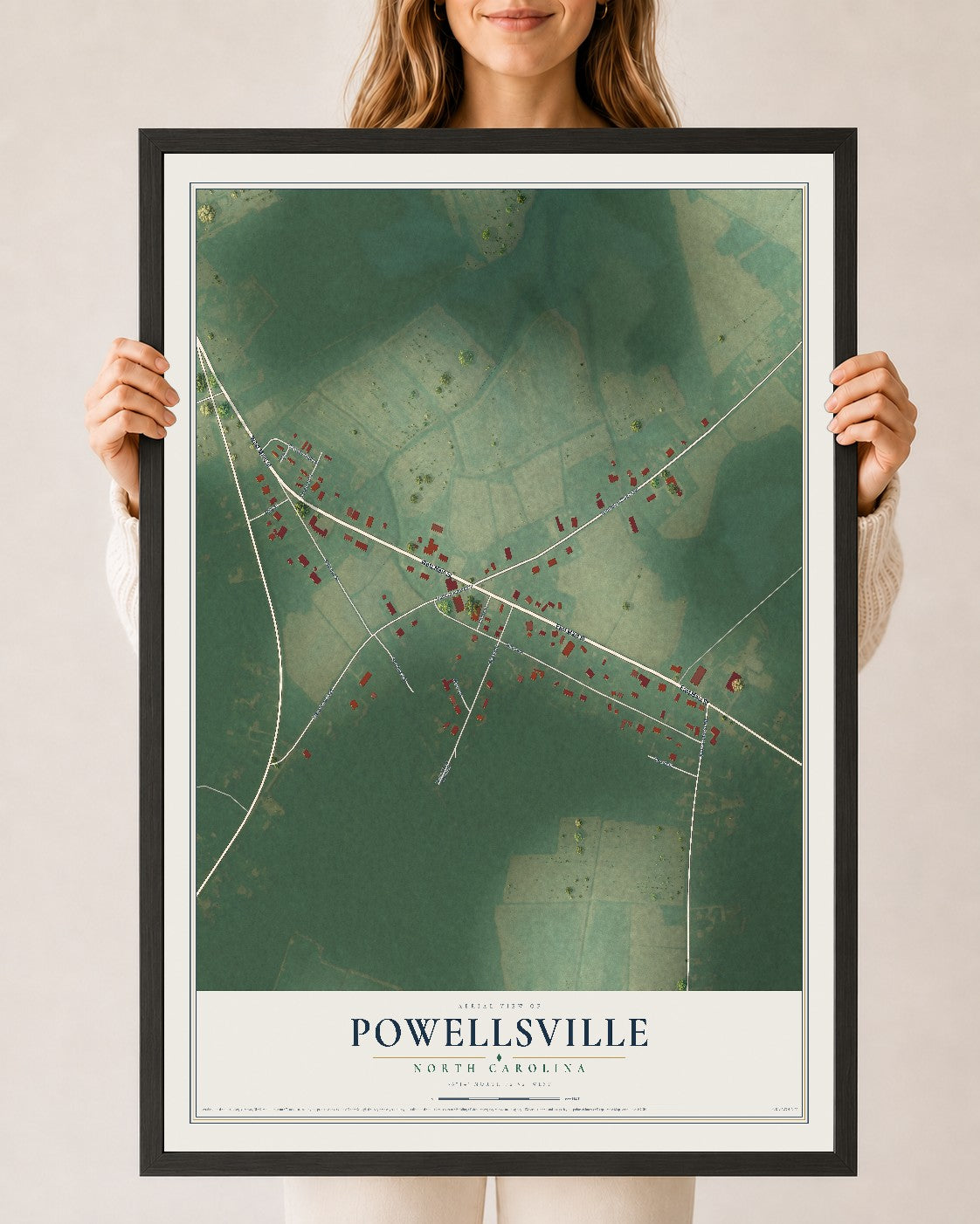 Map of Powellsville, North Carolina, 24 x 36 inch print in a black wood frame