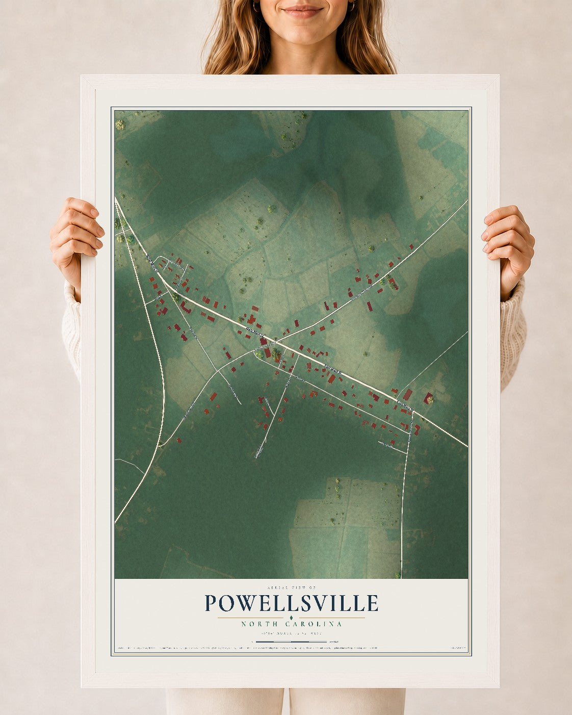 Map of Powellsville, North Carolina, 24 x 36 inch print in a white wood frame