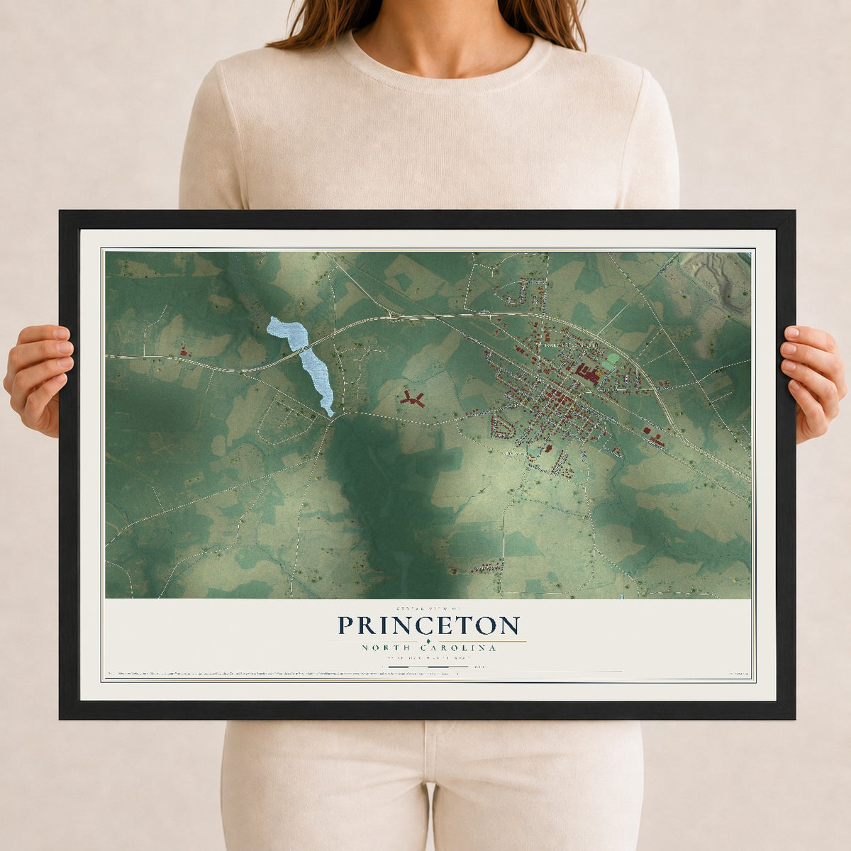 Map of Princeton, North Carolina, 12 x 18 inch print in a black wood frame