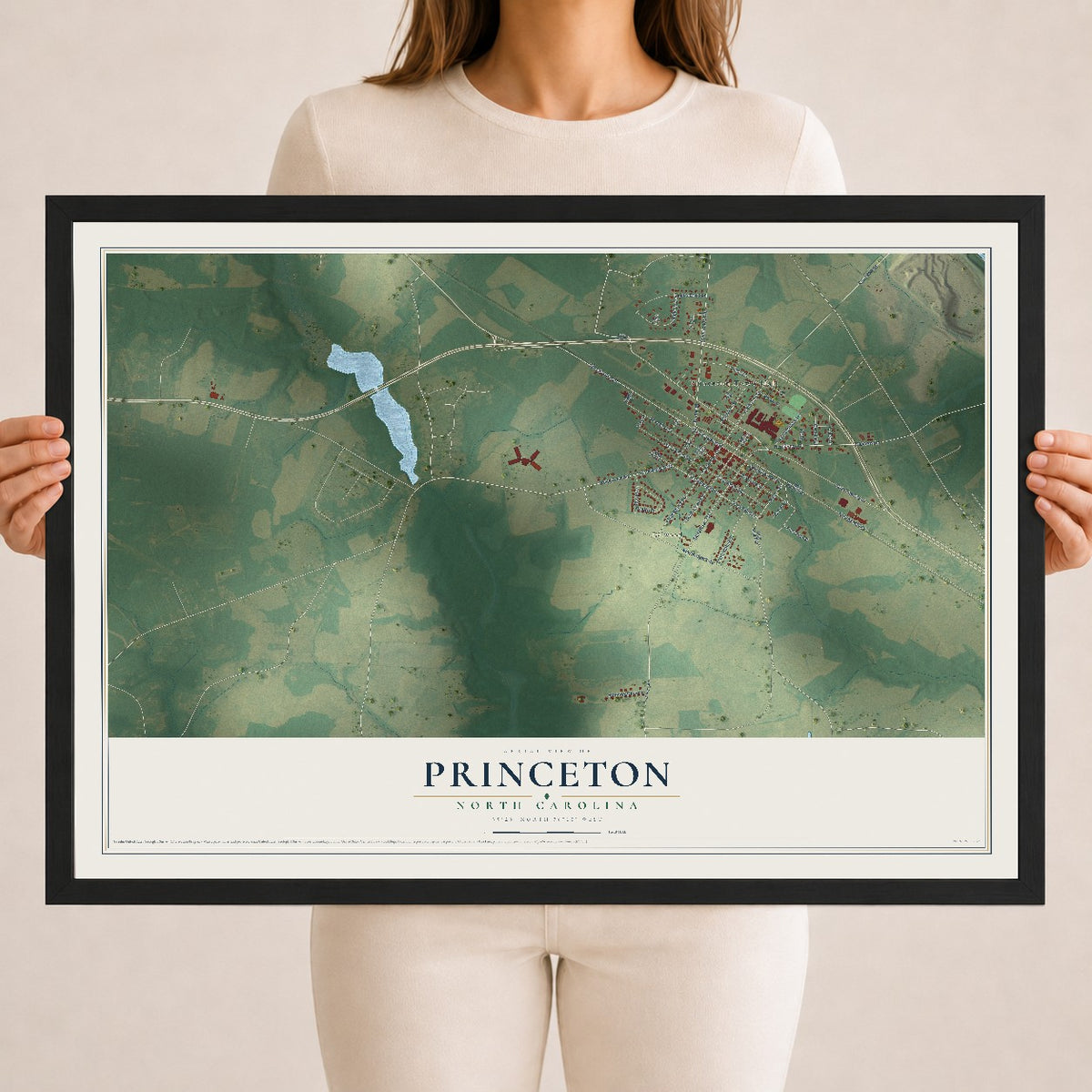 Map of Princeton, North Carolina, 18 x 24 inch print in a black wood frame