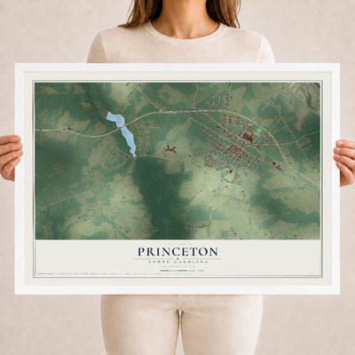 Map of Princeton, North Carolina, 18 x 24 inch print in a white wood frame