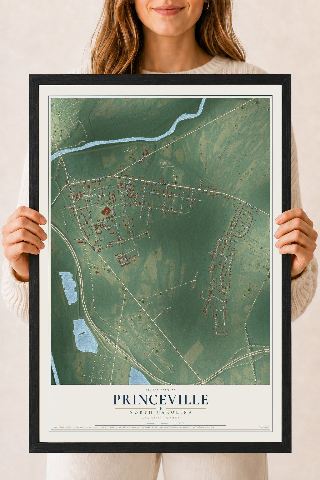 Map of Princeville, North Carolina, 18 x 24 inch print in a black wood frame