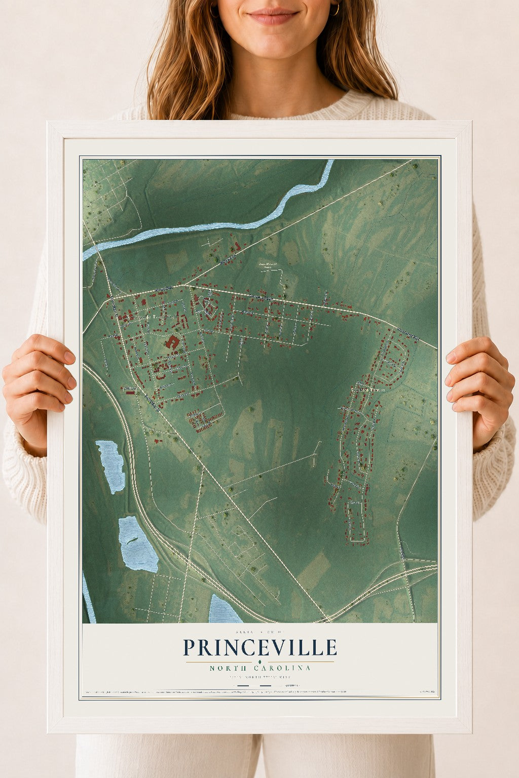 Map of Princeville, North Carolina, 18 x 24 inch print in a white wood frame