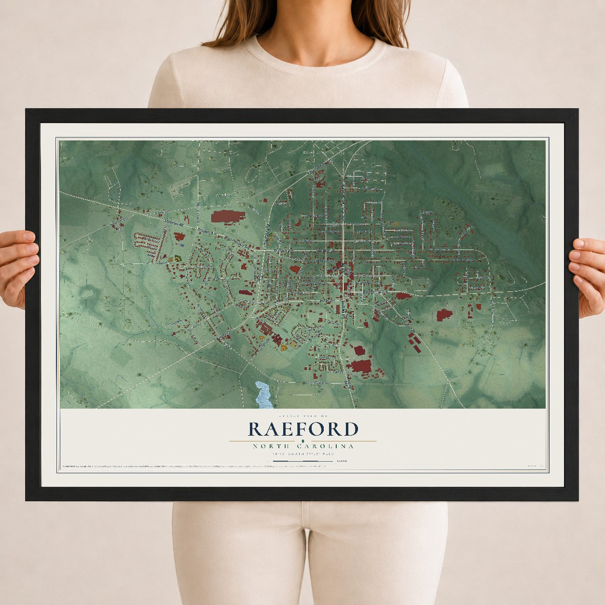 Map of Raeford, North Carolina, 18 x 24 inch print in a black wood frame