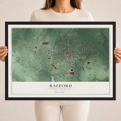 Map of Raeford, North Carolina, 18 x 24 inch print in a black wood frame