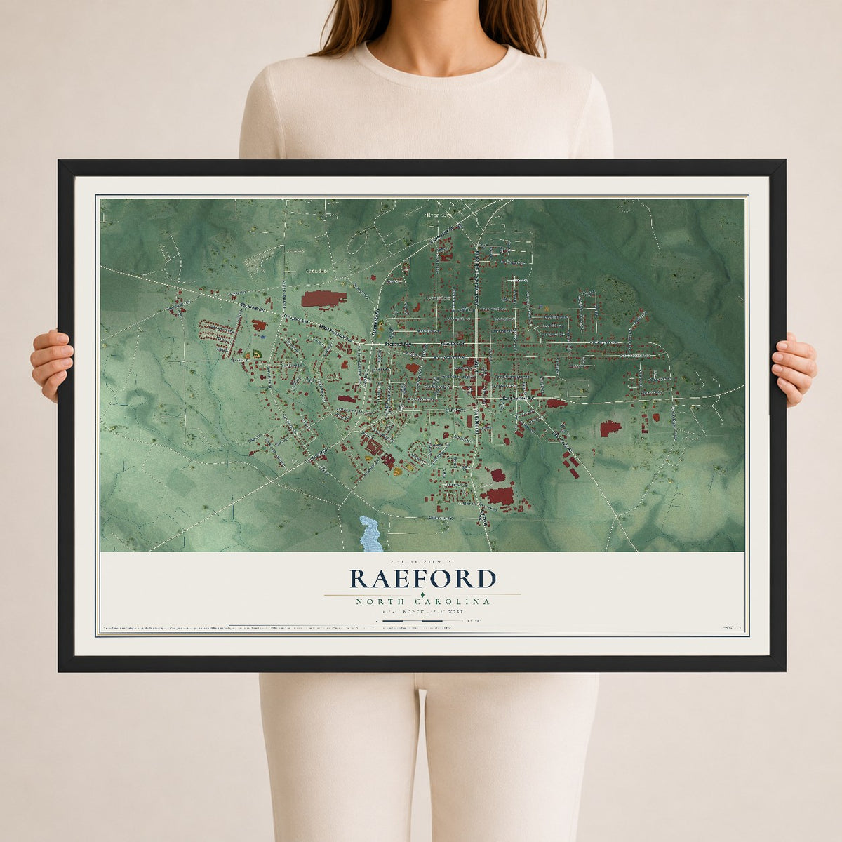 Map of Raeford, North Carolina, 24 x 36 inch print in a black wood frame