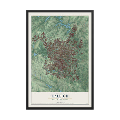 Map of Raleigh, North Carolina, 12 x 18 inch print in a black wood frame