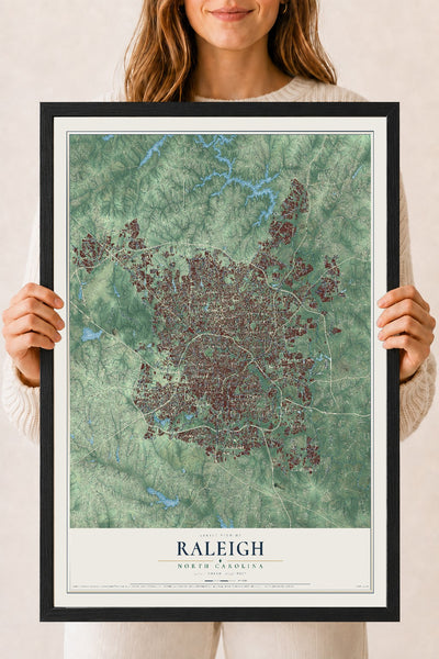 Map of Raleigh, North Carolina, 18 x 24 inch print in a black wood frame