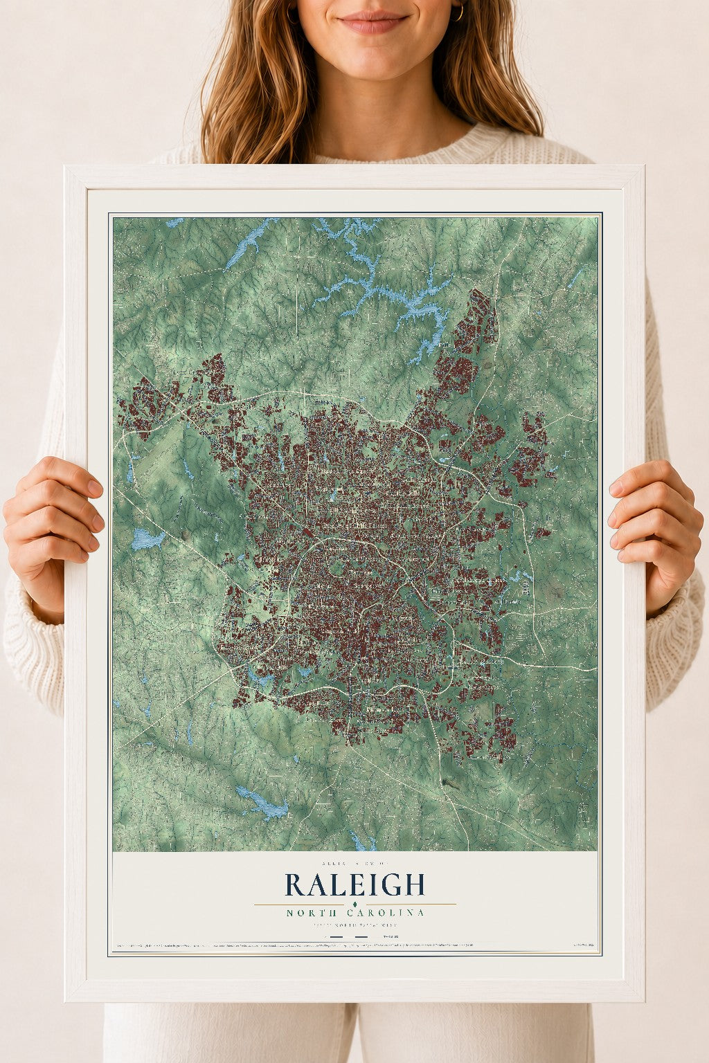 Map of Raleigh, North Carolina, 18 x 24 inch print in a white wood frame