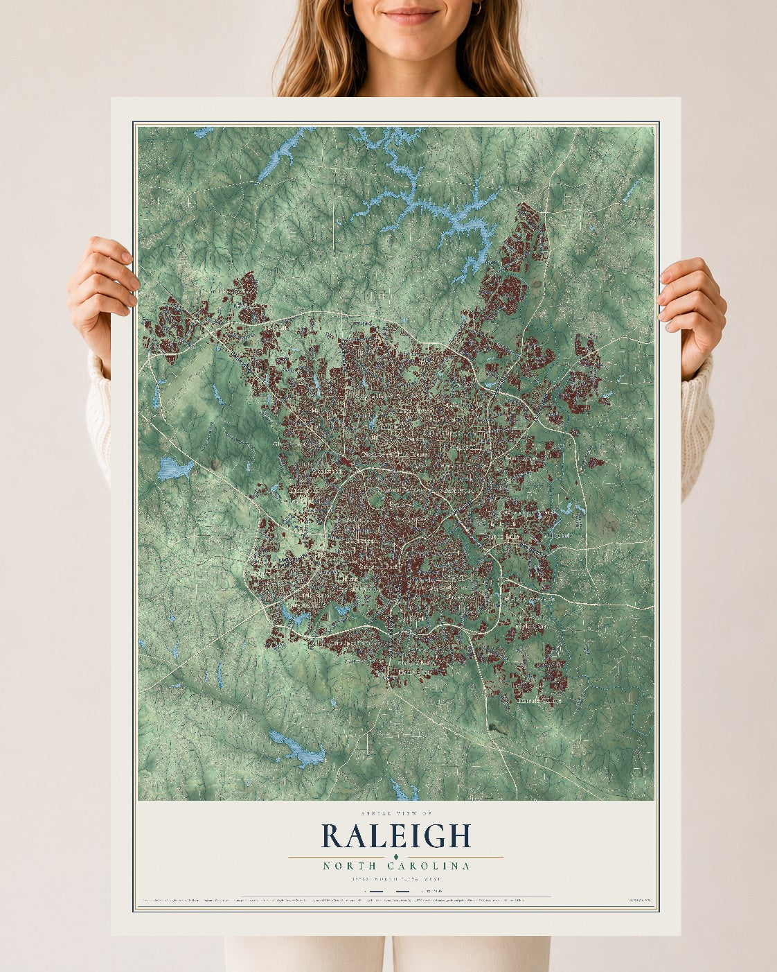 Map of Raleigh, North Carolina, 24 x 36 inch unframed archival matte print