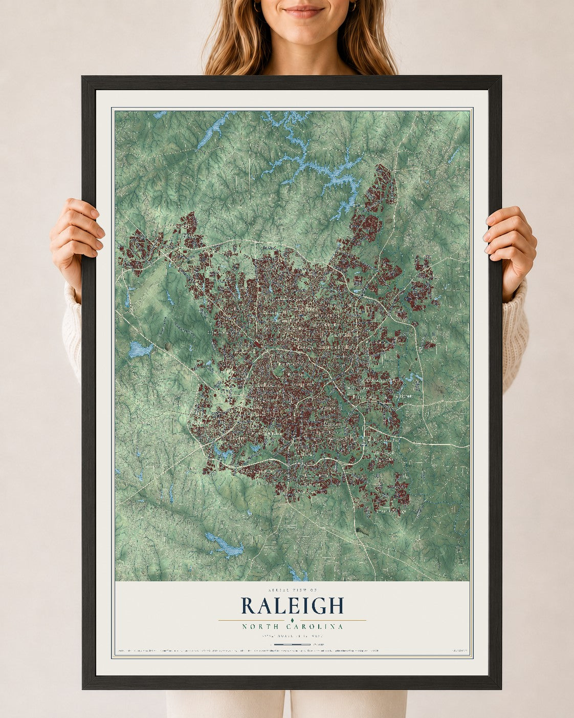 Map of Raleigh, North Carolina, 24 x 36 inch print in a black wood frame